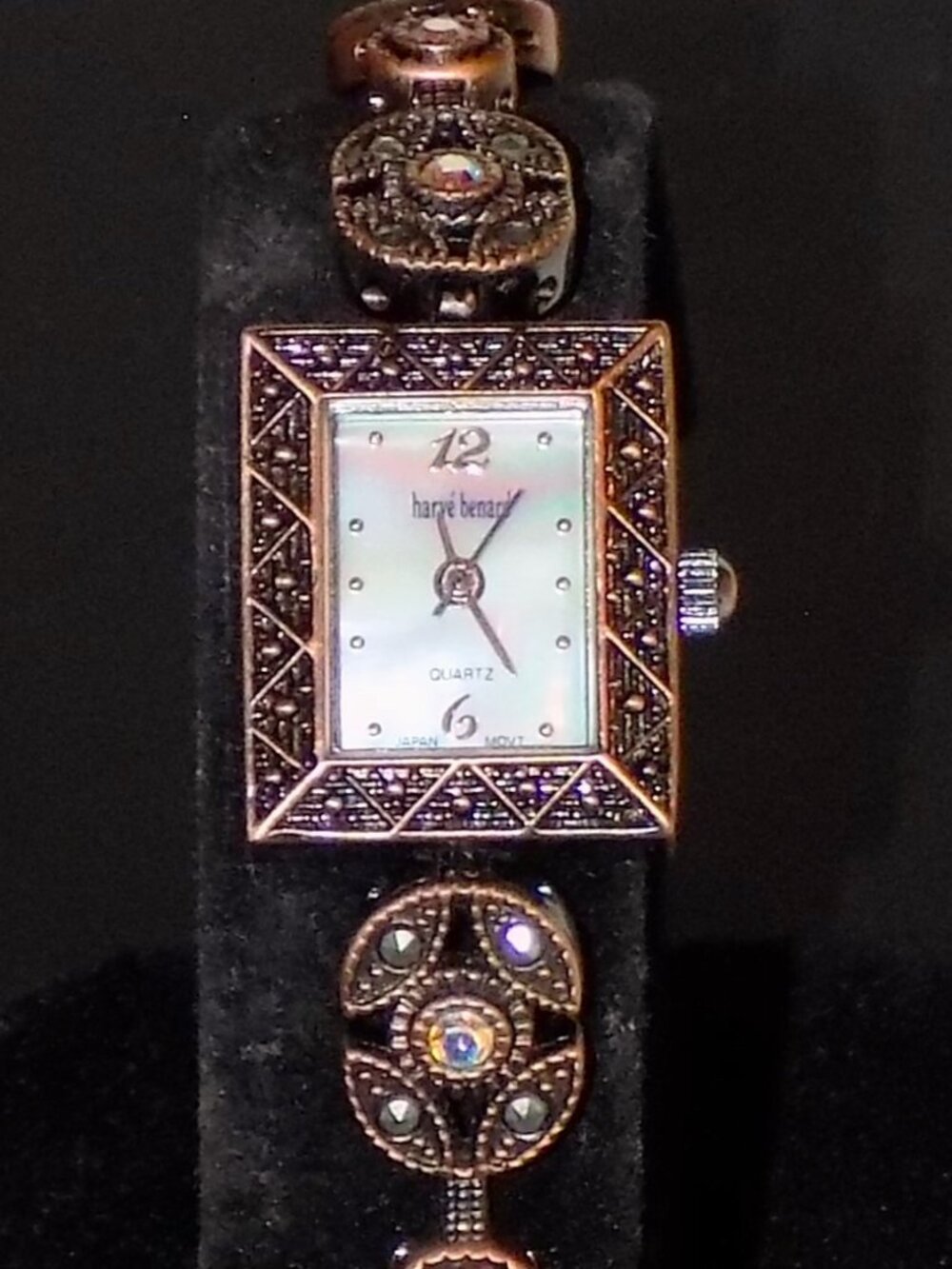 Vintage Harve Benard Bracelet Tank Watch, Working. MOP, AB Crystals